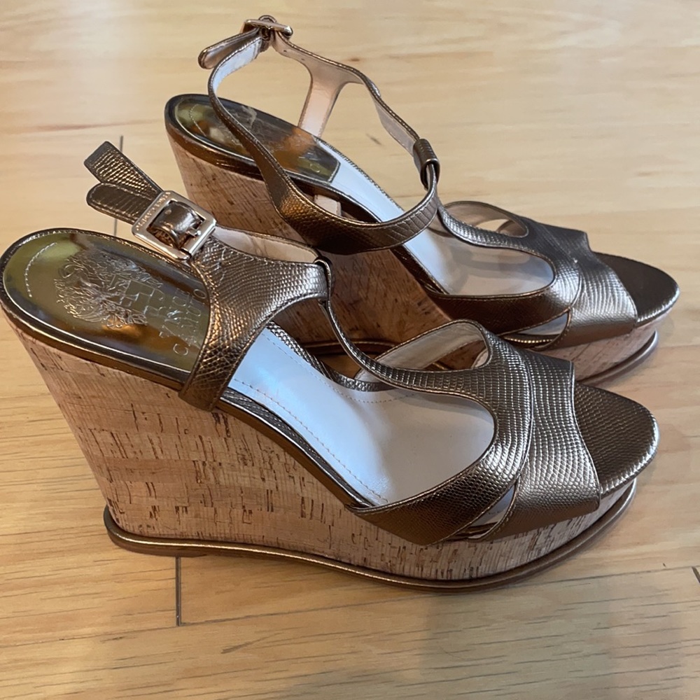 Vince Camuto gold cork wedges